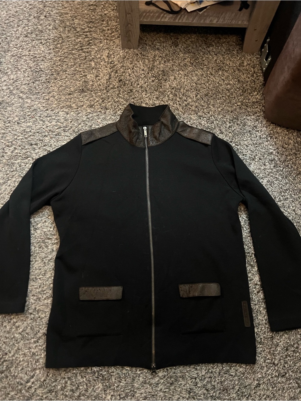 Phil Petter Black Zip-Up Sweater with Brown leatherTrim